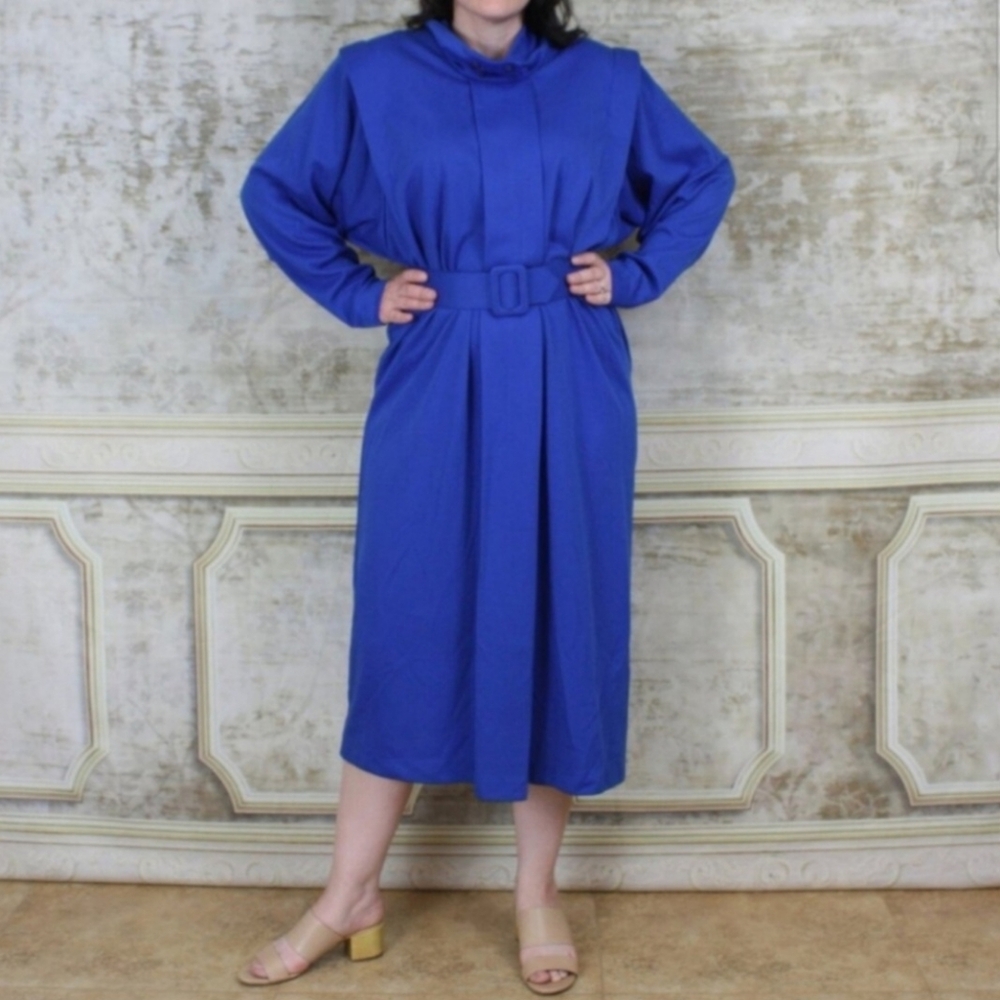Vintage 80s Avante Garde Blue Dress M VTG 1980s Shirtdress Cobalt Wool Blend